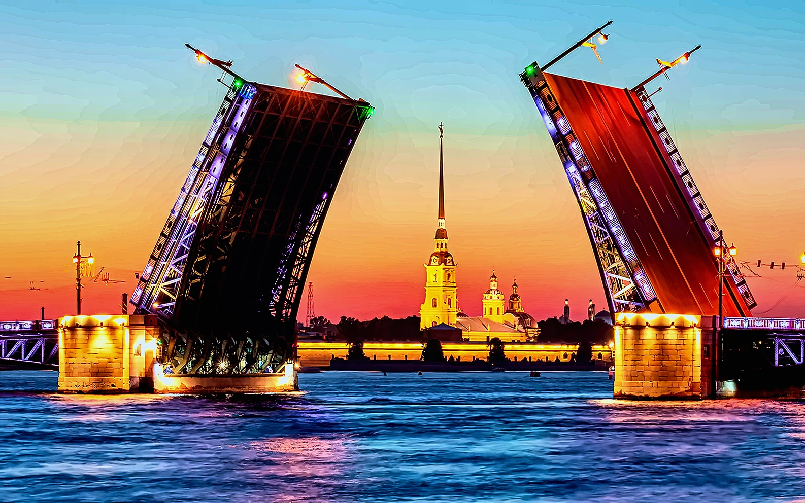 Saint Petersburg drawbridges open at night over the Neva
