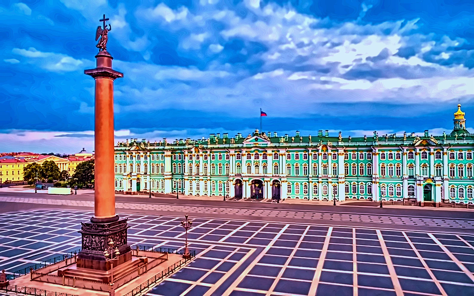 Palace Square, Alexander Column and the Winter Palace in Saint Petersburg