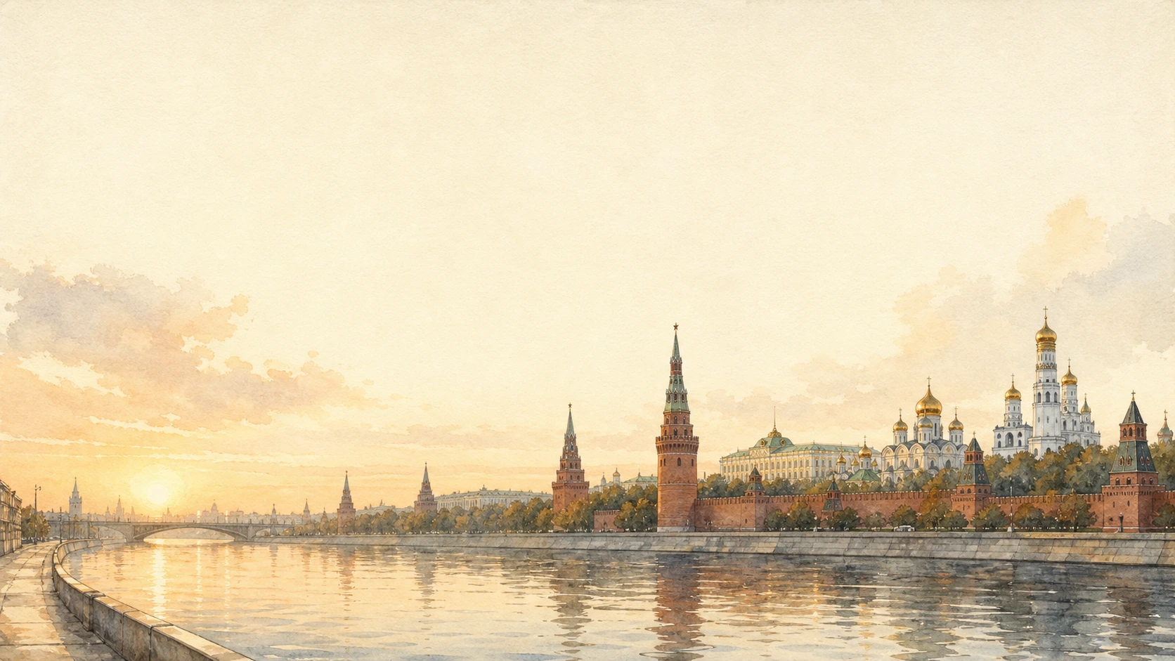 Vue du Kremlin à l'aube dans les tons crème et bleu nuit